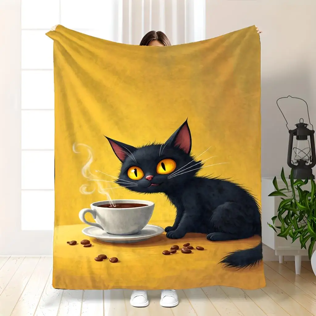 Cute Black Cat Coffee Lover Throw Blanket Cozy Home Decor Seasonal Gift for Cat Owners