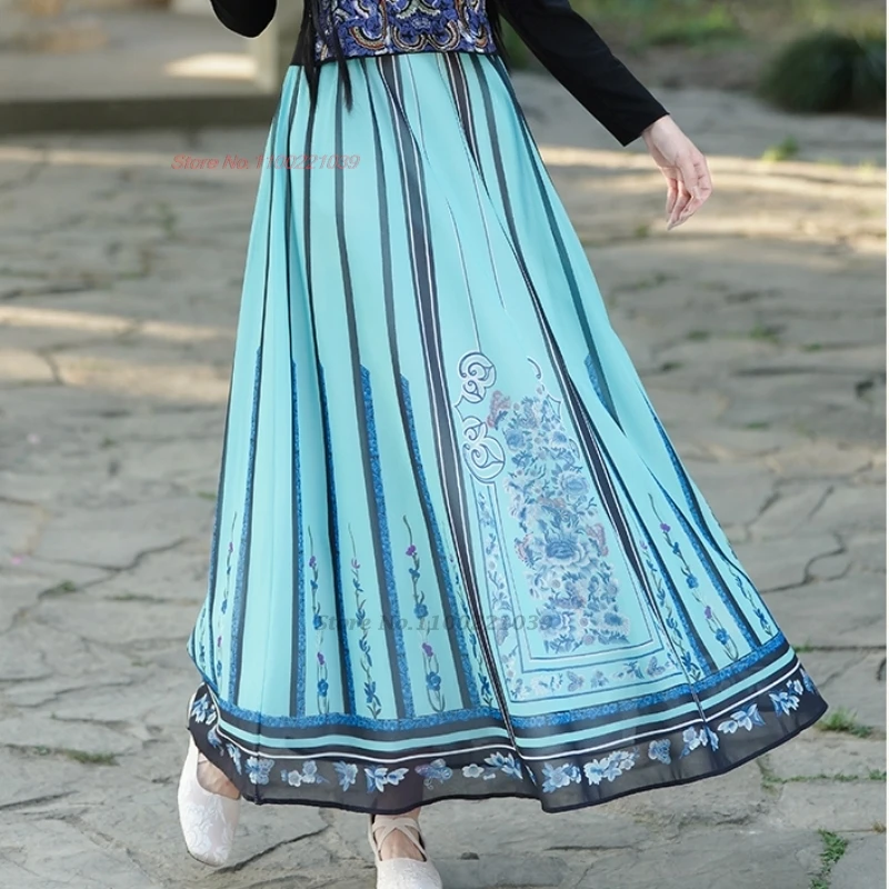 2025 saia vintage chinesa nacional flor impressão chiffon cintura elástica saia oriental tradicional folk a linha saia streetwear