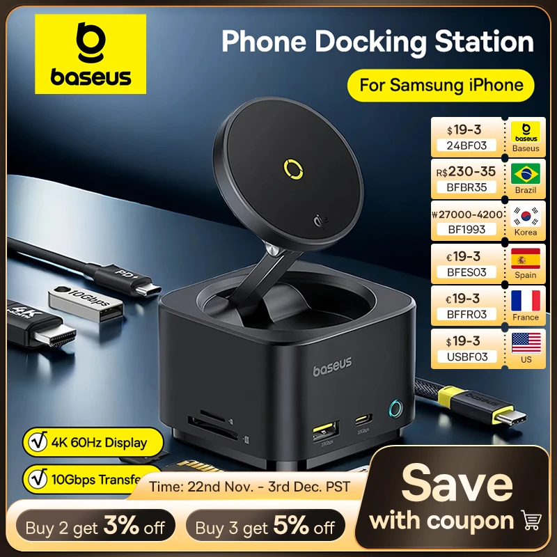 Baseus Phone Docking Station for Samsung S24 USB Hub HDMI 4K 60Hz USB A 3.1 SD TF Magnetic Wireless Charger Qi2 15W Steam Deck