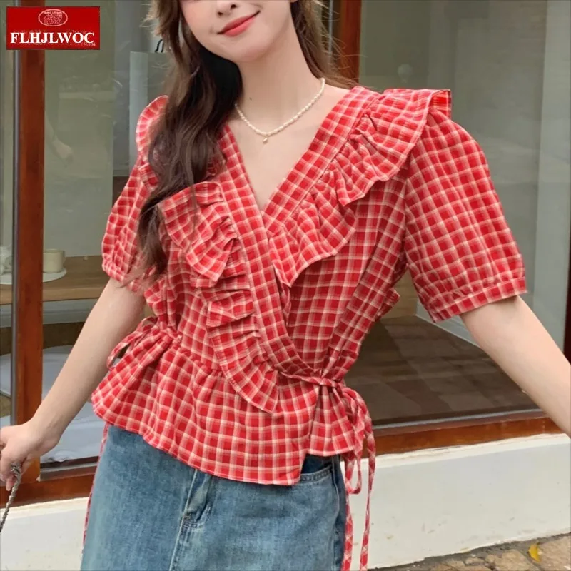 Blusas femininas com cadarço, blusas fofas para férias, data, meninas, retrô, verão, manga curta, babados, peplum, camisas xadrez vermelhas, 2025