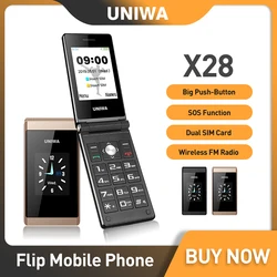 UNIWA X28 Old Man Flip Mobile Phone GSM Senior Big Push-Button Flip Phone Dual Sim FM Radio