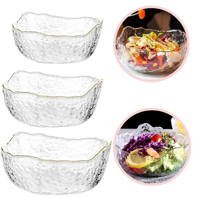 Glass Salad Bowl Irregular Gold Inlay Edge Fruit Rice Serving Food Storage Containe Bento Box Decoration Tableware for Home-use