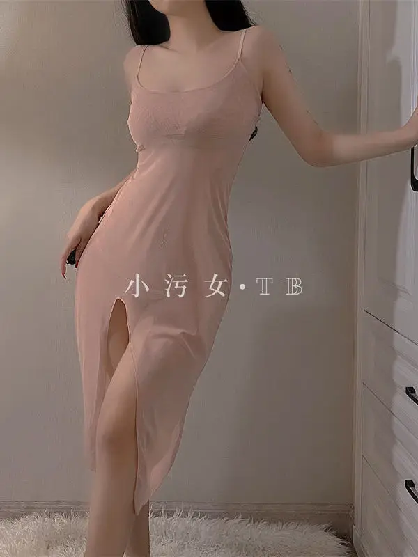 2023 Summer New Women's Sexy Gauze sling Sleeping Dress Transparent Temptation low-cut Split Solid Color Mid length Dress XT8R