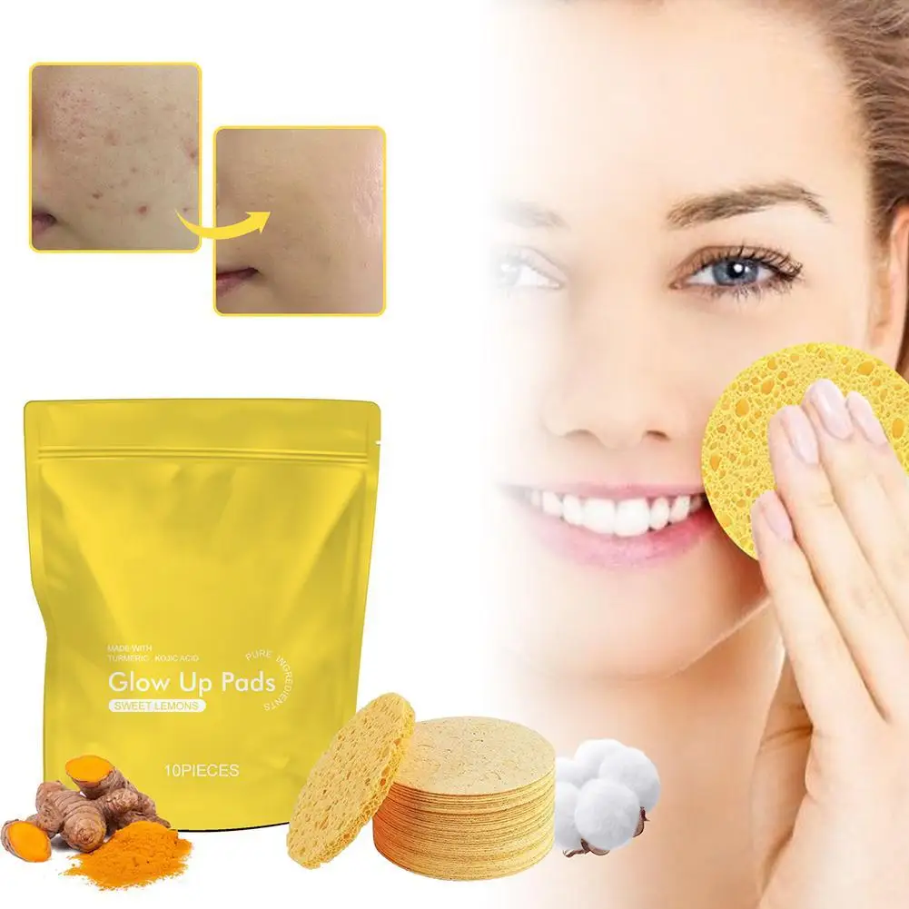 

10pcs/bag Turmeric Kojic Pads Reusable Natural Skin Exfoliation Sponge Cotton Face Sponge Kit For Makeup Removal