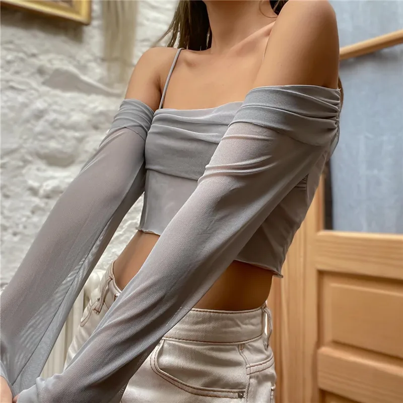 WhereMery Aesthetic Mesh Sheer Off Shoulder T Shirt Elegant Long Sleeve Backless Crop Tops 2024 Summer Y2K Slim Streetwear Tees