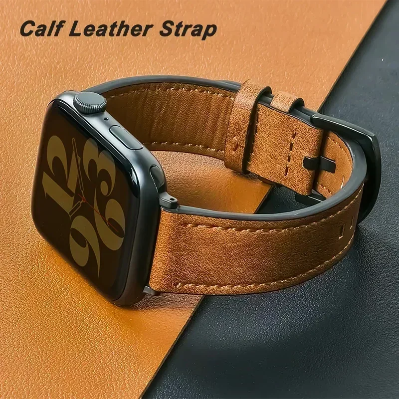 Calf Leather Band For Apple Watch Strap Ultra 49mm 44 45mm 46mm 42mm 40mm 41mm 38 Woman Bracelet iWatch Series10 9 8 7 6 5 4 SE