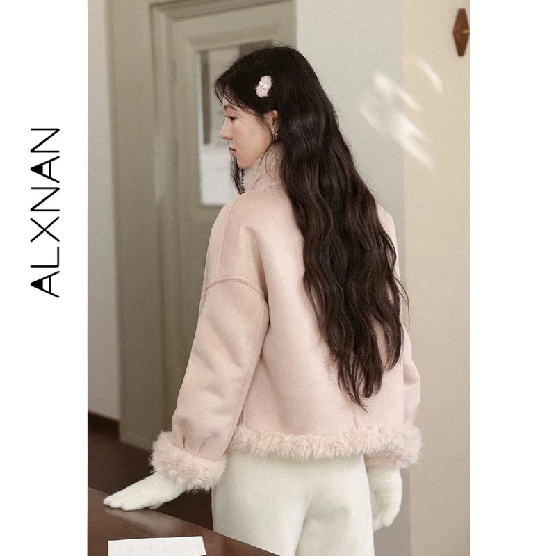 ALXNAN Women's Winter Jacket Pink Fleece Lined Thick Warm Short Jacket Coat 2026 Elegant Casual Fashion Female Outwear L59052