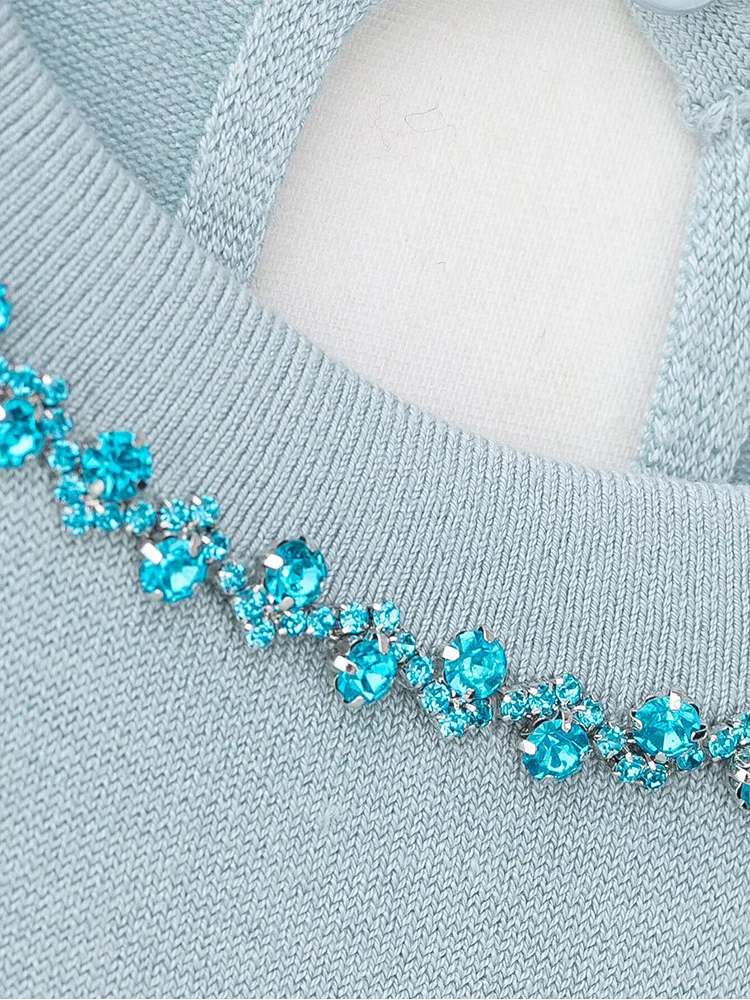 유럽 스타일 신상 여성 패션 다용도 기품 있는 단색 라운드넥 긴팔 쥬얼리 스웨터