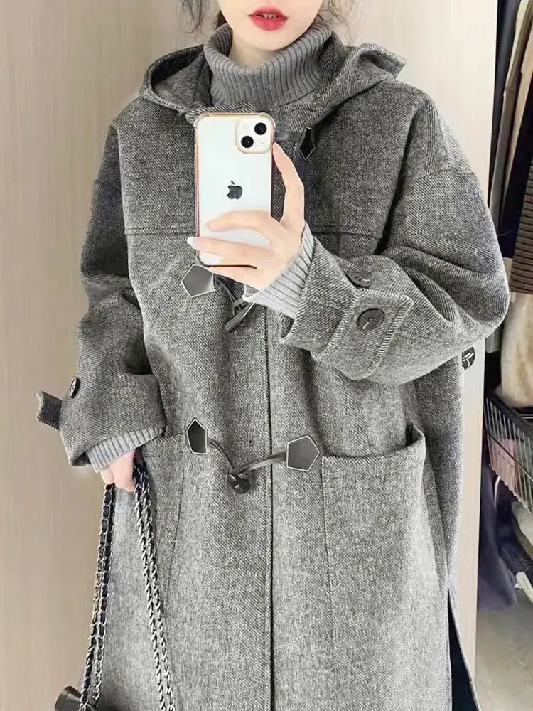 

Hooded Horn Button Woolen Jacket High-end Medium-length Horn Button Loose 2025 Autumn Winter New College Style Coat