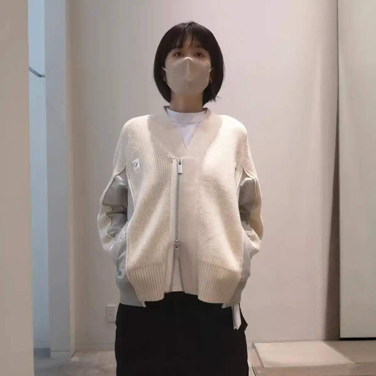 SAC Japanese design sense V-neck zipper long-sleeved knitted splicing sweater jacket