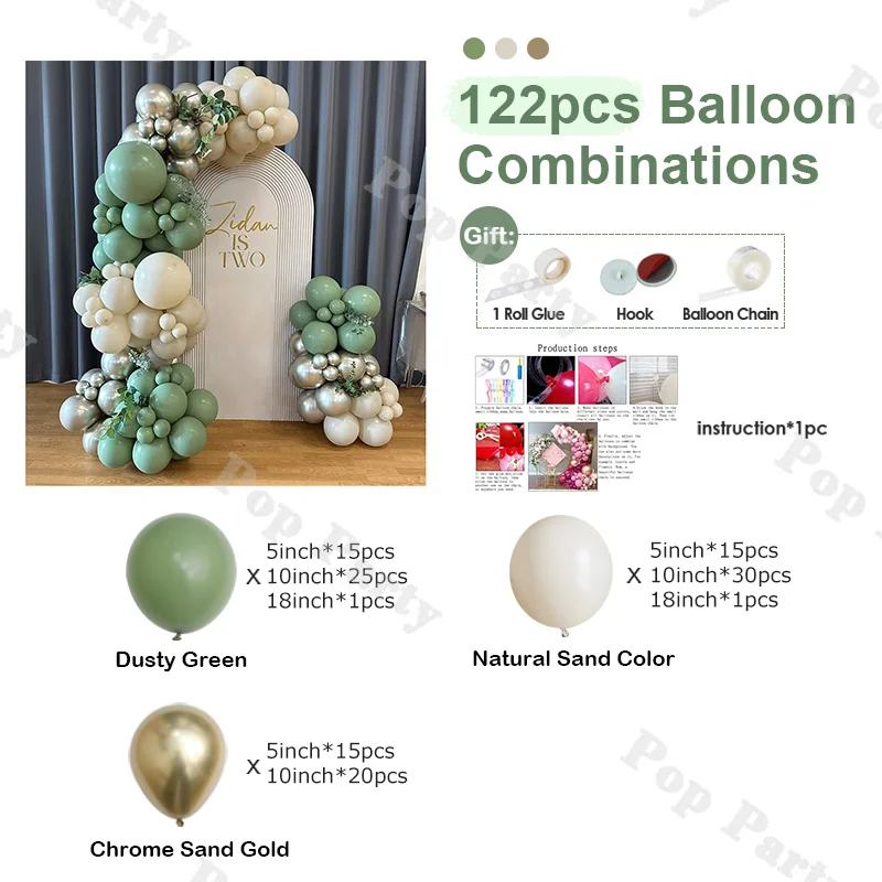 122/125pcs Dusty Green and Chrome Sand Gold Latex Balloon Set Bridal Wedding Birthday Party Decoration Baby Shower