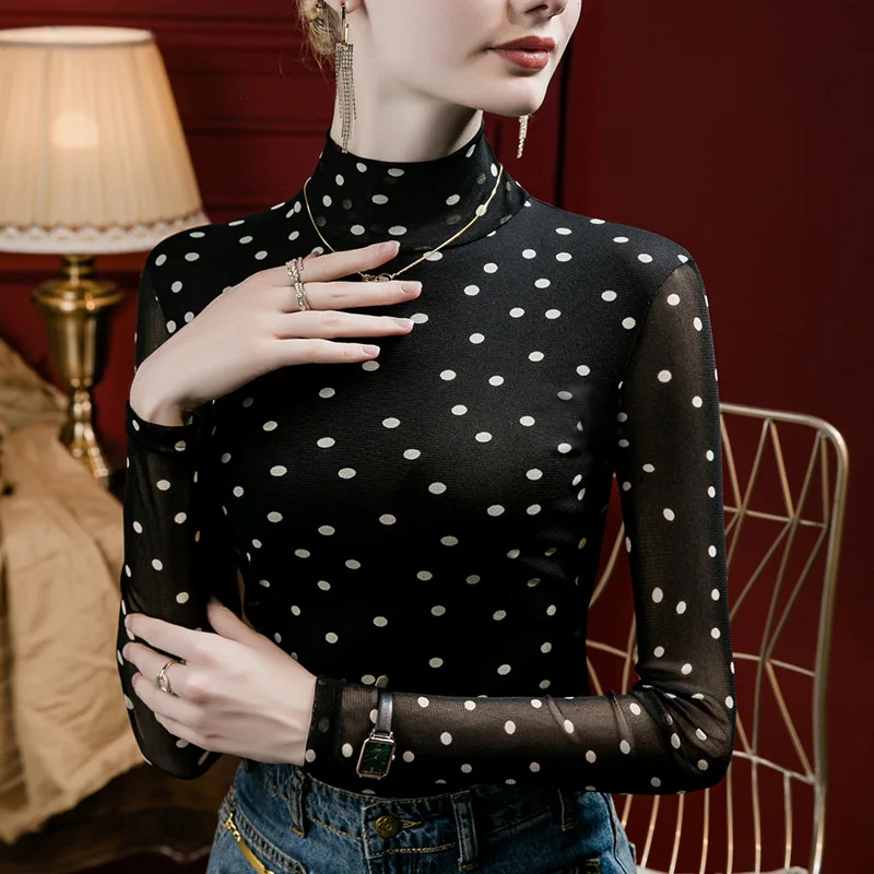 البولكا نقطة شبكة الياقة المدورة للنساء سليم صالح شير بلوزة ربيع الخريف طبقات تي شيرت مطبوعة المجهزة قاعدة طبقة #3
