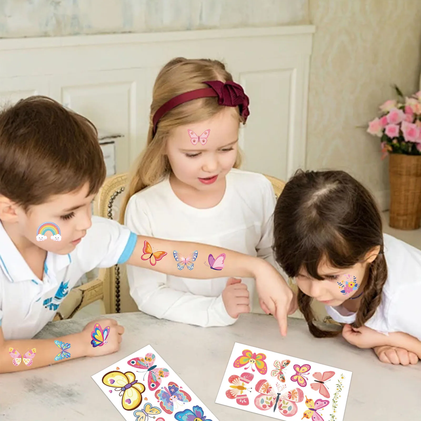 10PCS Sparkling Pink Butterfly Tattoo Sticks Exquisite Color Fake Tattoos Personalized Retro Tattoos Premium Sense Waterproof