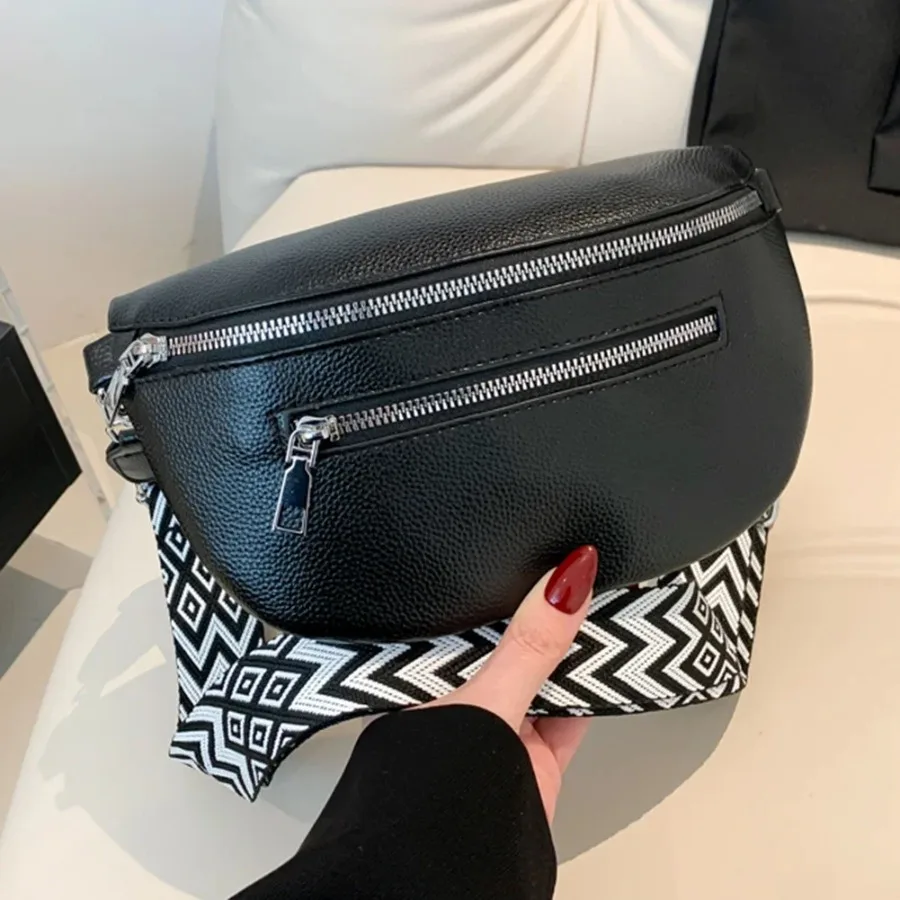 

Multi-pocket size bag for women PU leather street banana bag wide strap chest bag solid retro shoulder bag ﻿