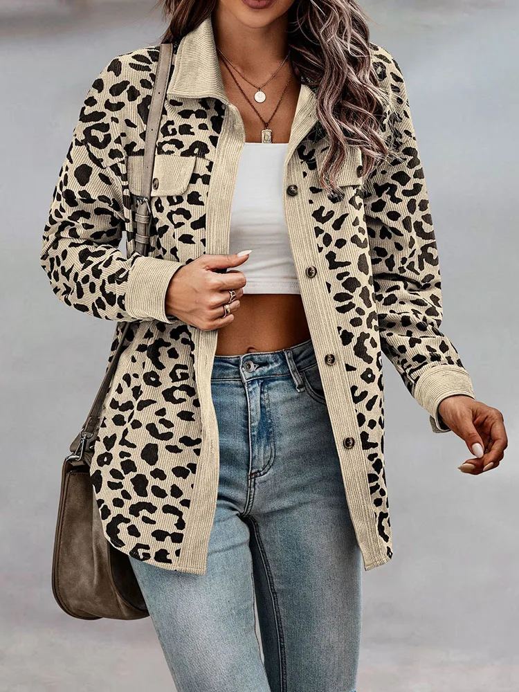 2023 Spring Leopard Jacket Women Corduroy Jacket Coat Women Overshirt Long Sleeve Loose Shirt Jackets for Women