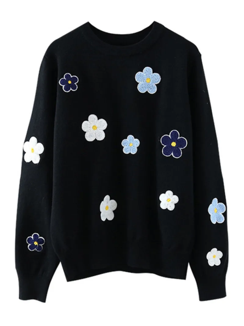 Korean Floral Embroidered Pullover Sweater High Quality Women Elegant O Neck Knitted Tops