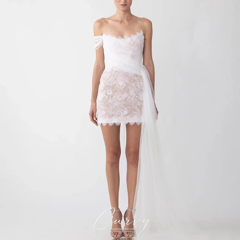 Curvy Elegant Bridal Wedding Dresses for Women Off Single Shoulder Ruched Tulle Lace Mini High Side Sheer Customized 2026