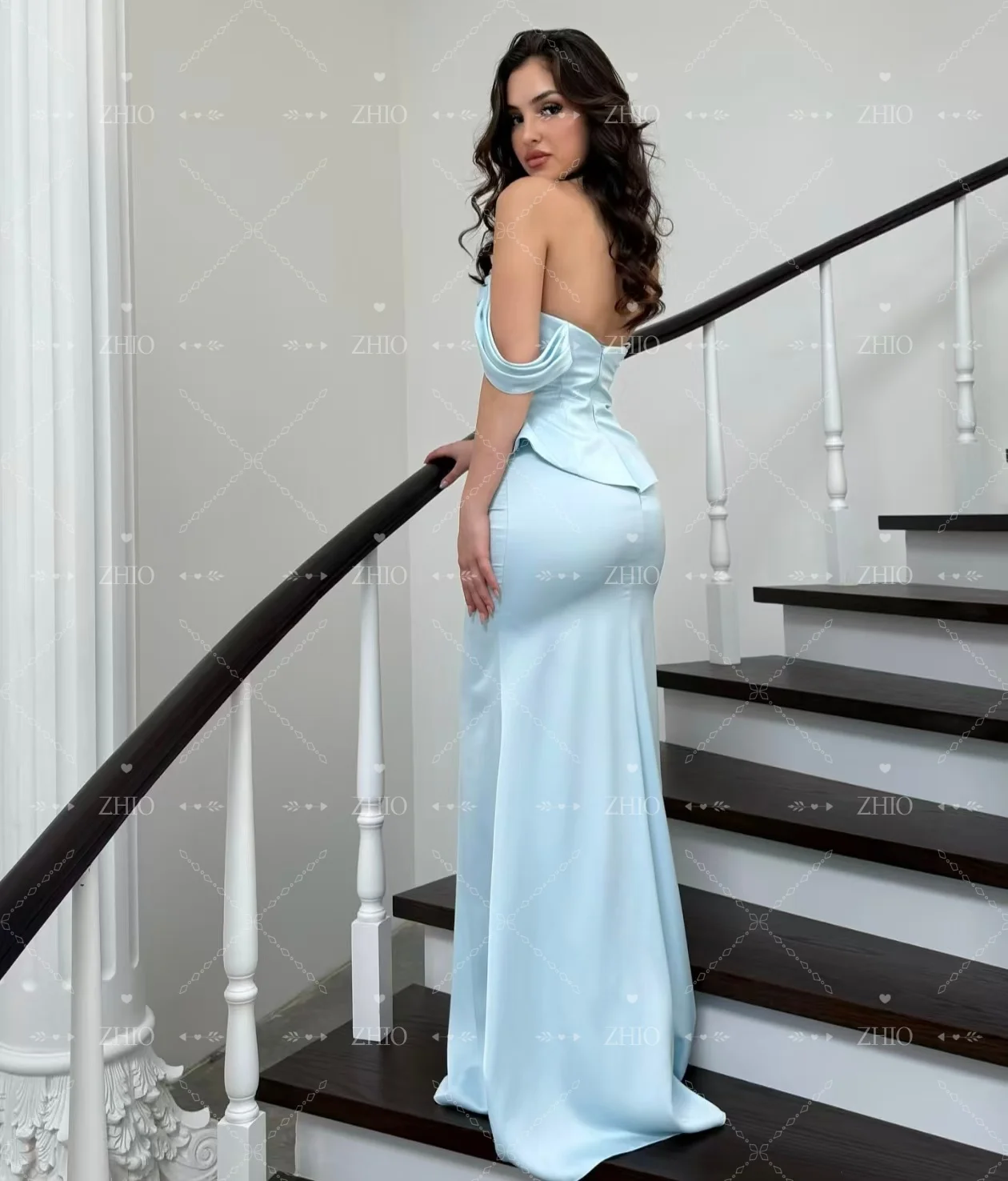 ZHIO Clssic Abito da sera a sirena blu con spalle scoperte a strati lunghezza pavimento in raso occasione speciale abito da ballo formale per feste personalizzato