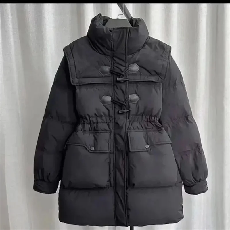 2025 Autumn and Winter New Waist and Horn Buckle Long Cotton-padded Clothes Ladies Fashion Slim Cotton-padded Jacket Collar Coat