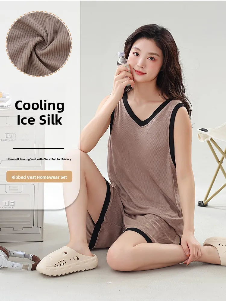 Conjunto de Roupa de Casa Fena de Verão, Sensação Refrescante, Csola Sem Mangas de Seda Gelada, com Bojo Inteado, Fi...