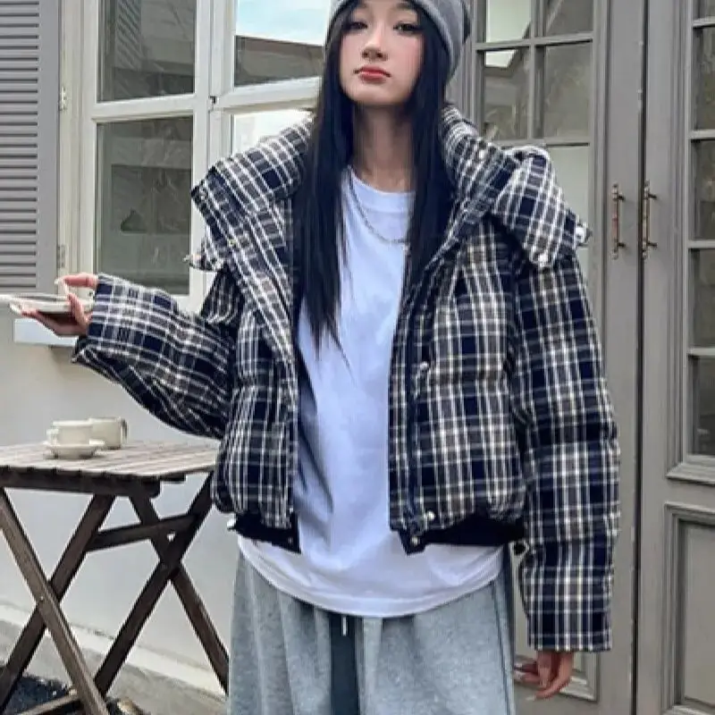 

Korean College Style Hooded Cotton Jacket Women's Winter Loose Short Warm Coat Fashion Zipper tand Up Collar Long Sleeved Top