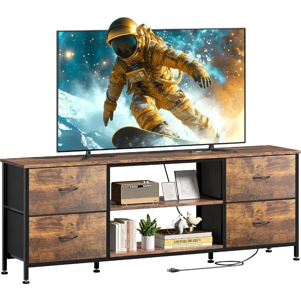 

TV Stand Dresser for Bedroom with 4 Fabric Drawers, Entertainment Center with Power Outlet for 55" TV, Dressers with Open