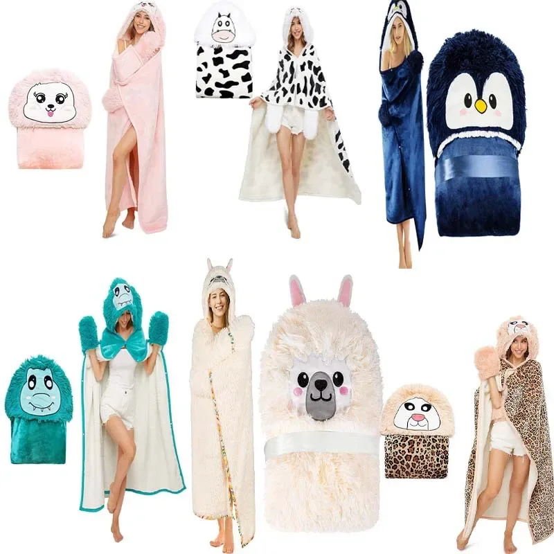 

Winter Cute Sloth Cape with Gloves Cartoon Animal Hooded Flannel Blanket Leisure Cozy Wearable Blanket for Home & Christmas