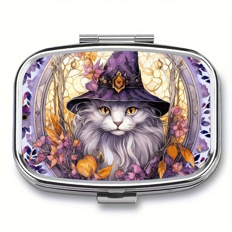 A Gorgeous Cat Wizard Medicine Kit - Mini 2-Grid Metal Medicine Organizer, Portable Travel Pocket Medicine Kit - Ideal Gift