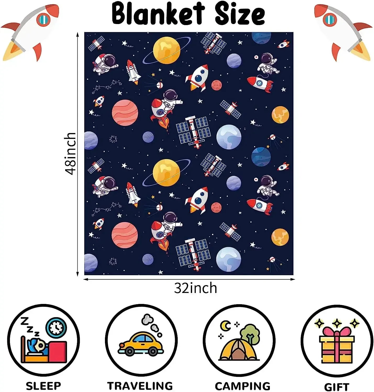 Outer Space Blanket for Boys, Soft Space Astronaut Theme Plush Flannel Blanket for Nursery Baby Crib, Cozy Warm Navy