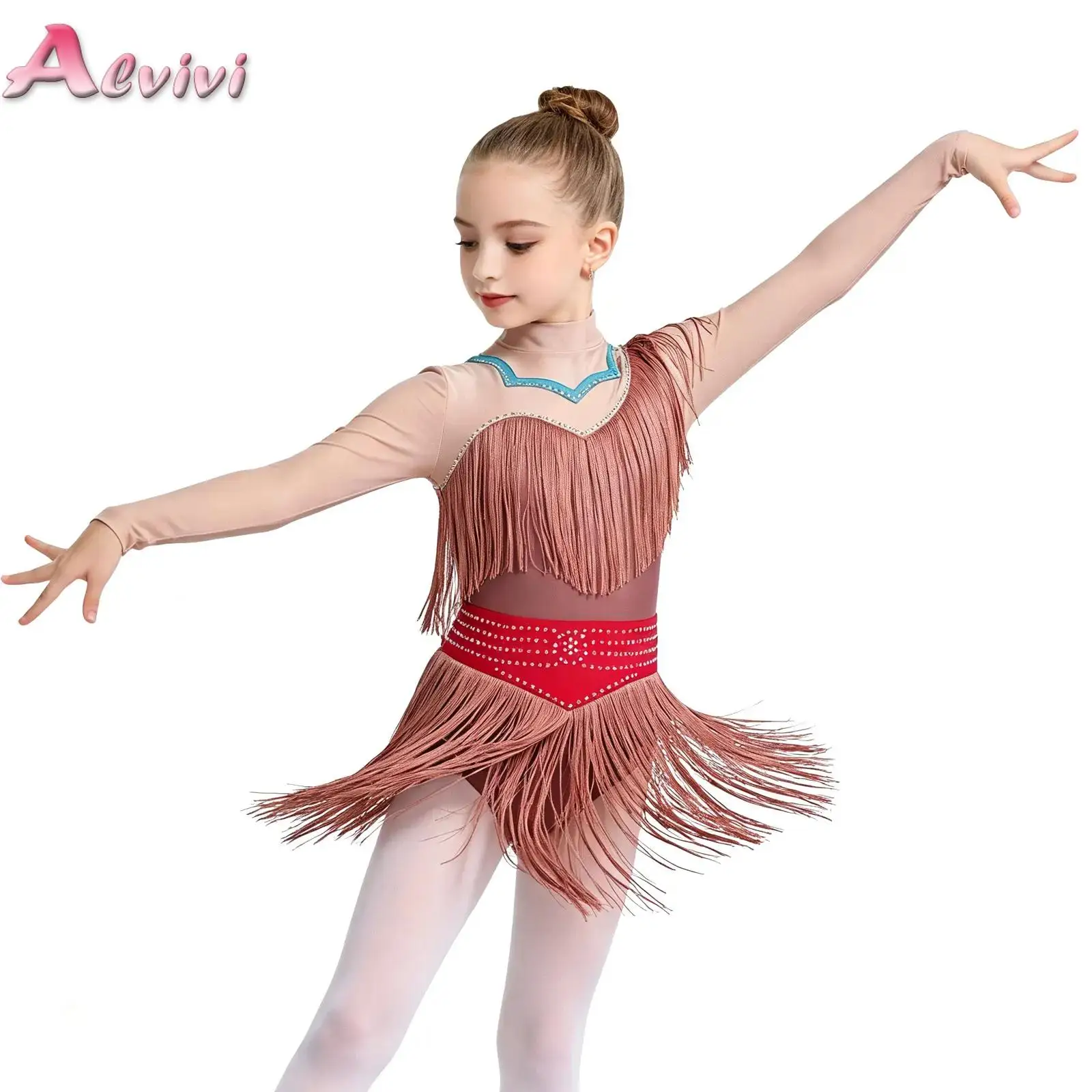 Girls Latin Dance Dress Sparkly Rhinestones Long Sleeve Crotch Press Buttons Fringed Leotard for Salsa Tango Stage Performance