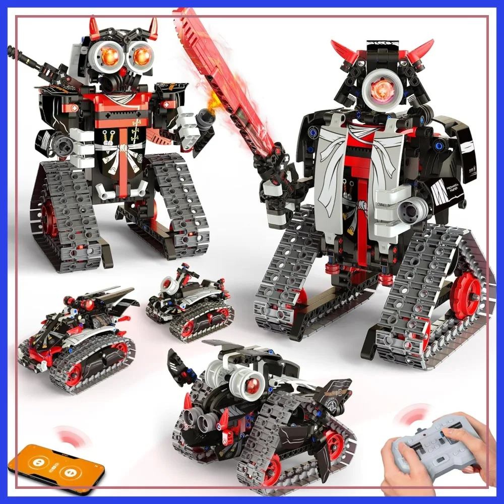 

5 in 1 STEM RC Robot Building Kit, APP & Remote Control Samurai/Ninja Blocks 443 Pcs, Erector Set RC Toy, DIY Build Science Educational Gift for Age 6-12+