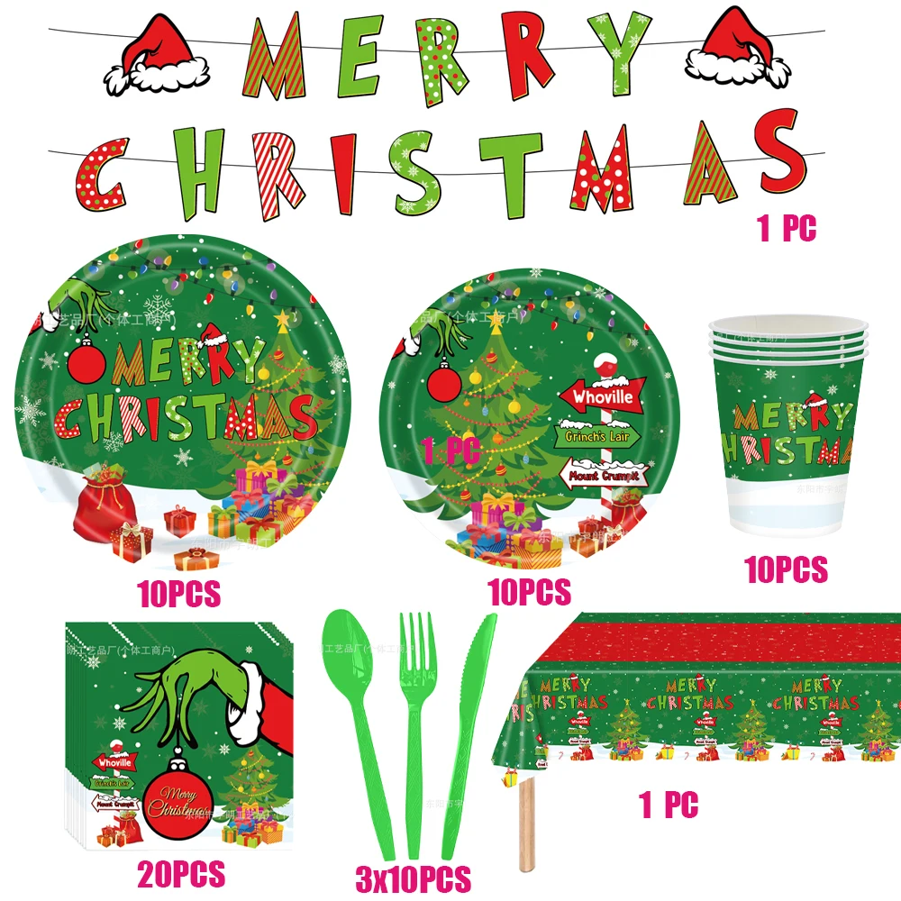 82 قطعة عيد الميلاد موضوع Grinch مجموعة أدوات المائدة الطرف أطباق ورقية أكواب لافتات مفرش المائدة عيد ميلاد سعيد زينة لوازم الحفلات