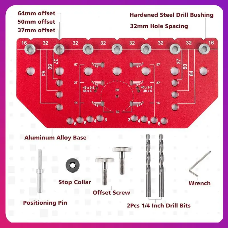 

ABKL-Shelf Pin Jig And Hinge Jig 2 In 1 Self-Contained Clamping, 32Mm Shelf Pin Jig Aluminum Alloy With 1/4 Inch Drill Bits