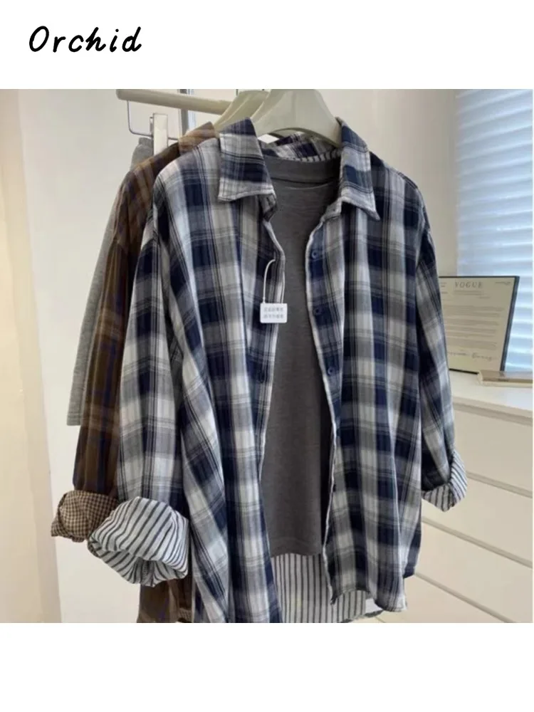 

Винтажный стиль, свободная однобортная клетчатая рубашка с длинными рукавами, зима 2025 г., женская повседневная мешковатая блузка с отложным воротником, топ
