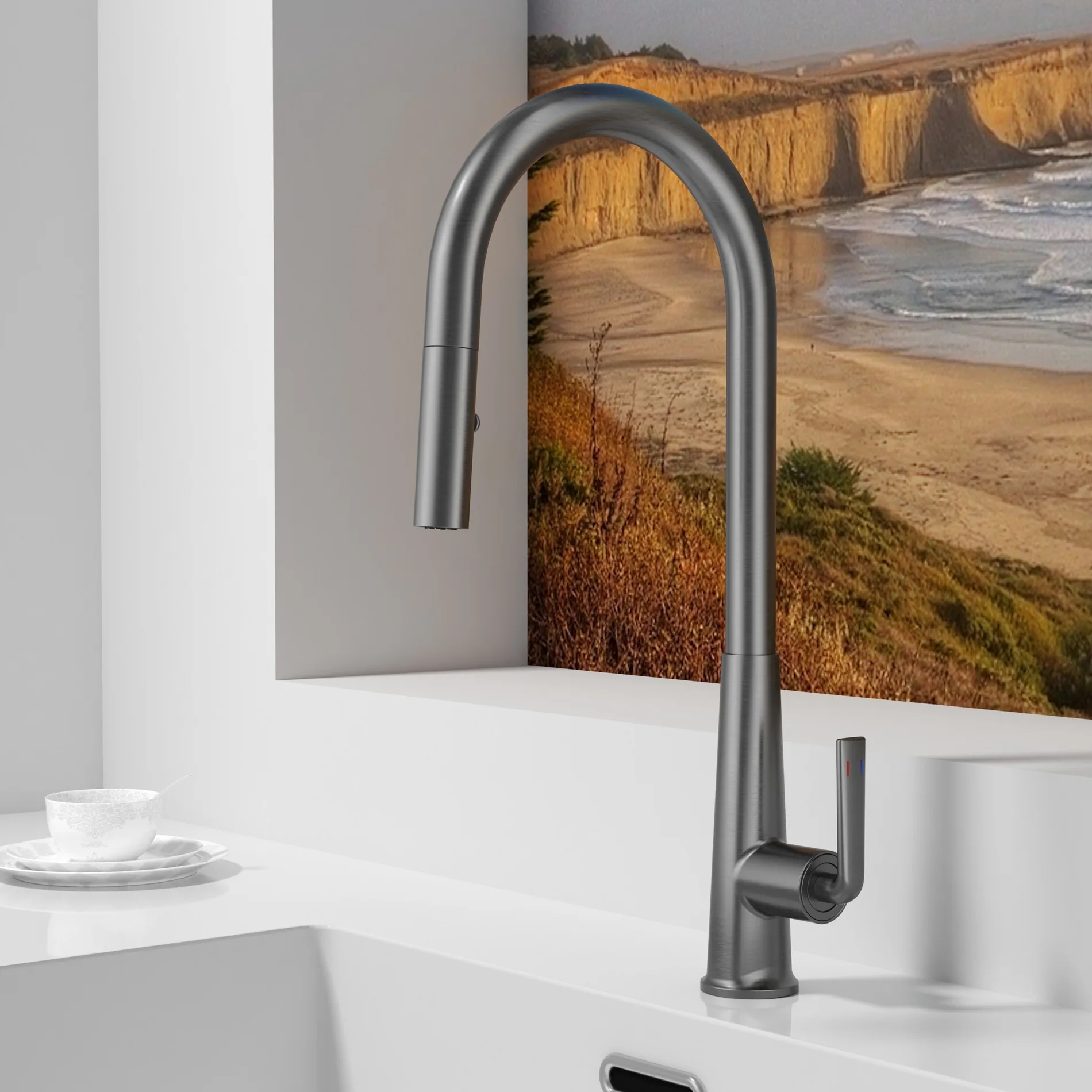 Retractable Splash Proof Kitchen Sink Faucet Hot And Cold Pull-Out Balcony Sink Faucet Modern Bathroom Mixer Tap with Spray