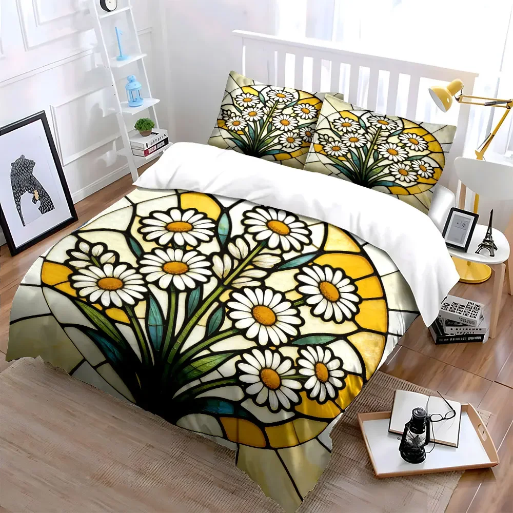 3-teiliges Bettwäsche-Set mit floraler Buntglas-Kunst, weich und bequem, inklusive 1 Bettbezug und 2 Kissenbezügen, Geschenk
