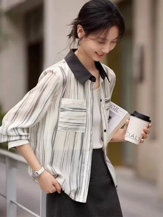 

Ele Thin Stripe irt Women's Faion Design Classic Collar Long Sve Casual Coat Lightweight Age-Defng Outerwear