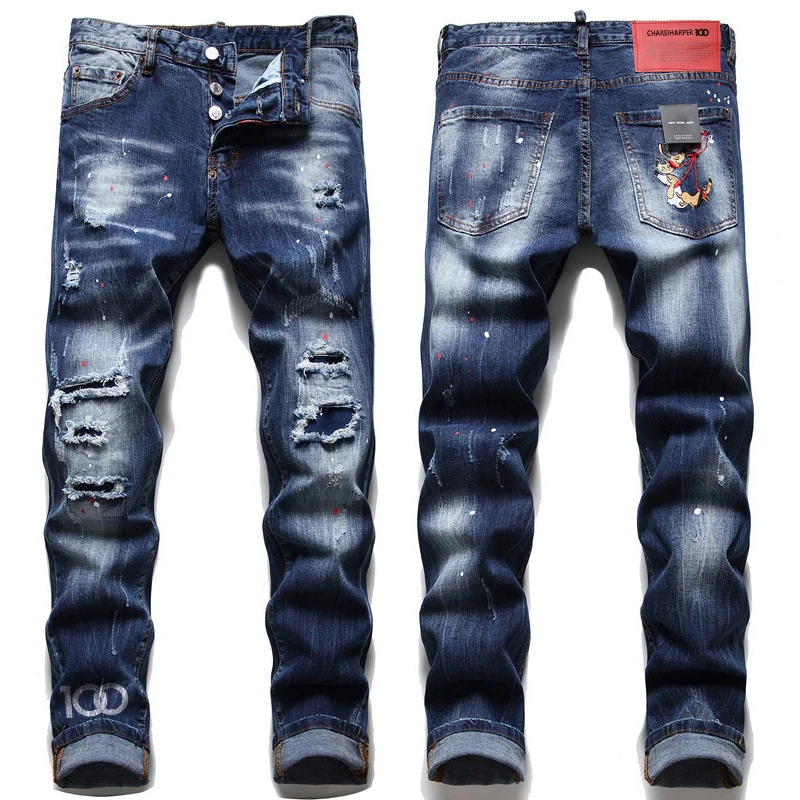 Chareiharper-Jean pour homme, tissu à fils, multi-trous, indigo, haut de gamme, processus d\'abrading lourd, peint à la main, peinture égouttée