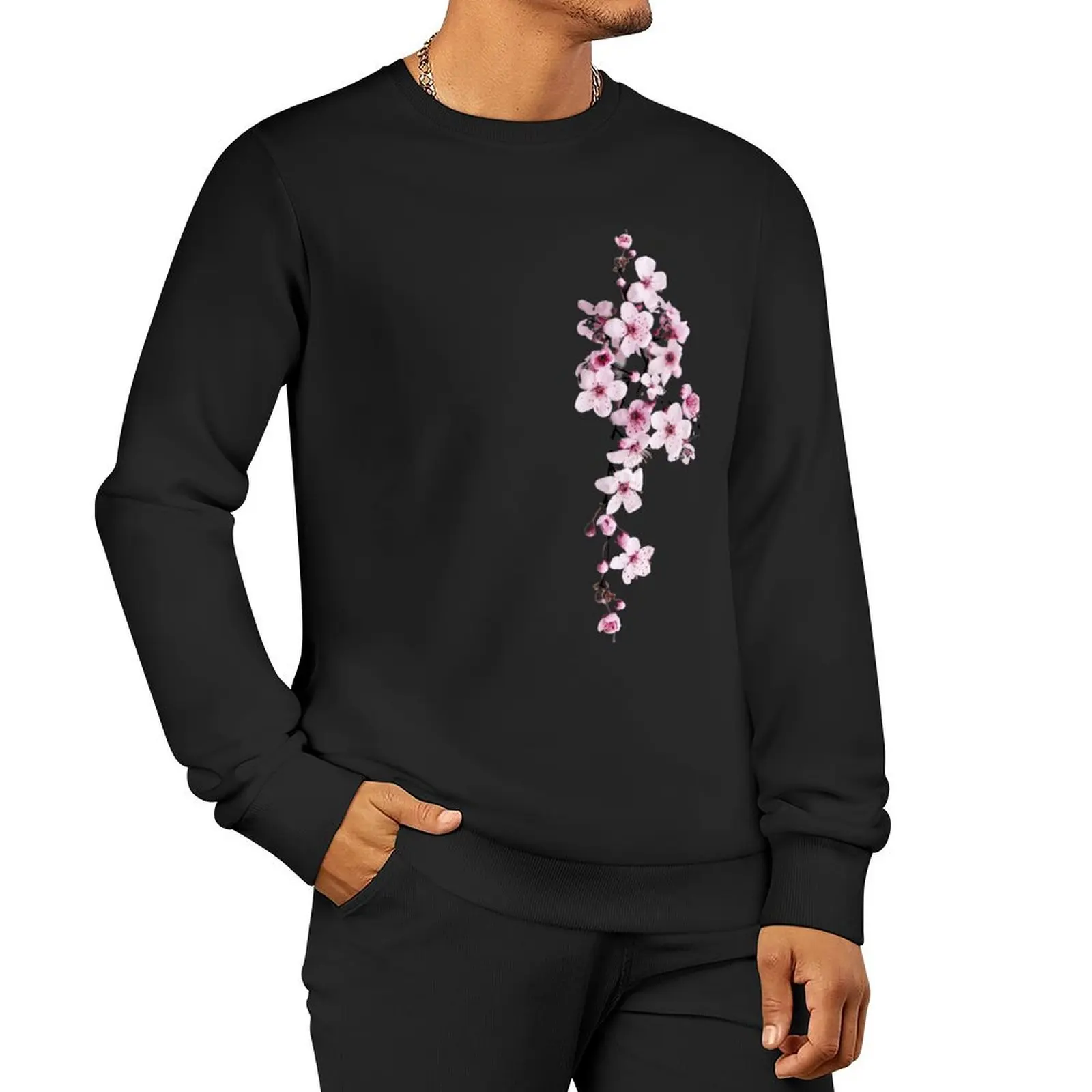 One-side Cherry Blossom Branch Pullover Hoodie men's winter sweater anime clothes mens clothes sweatshirt for men