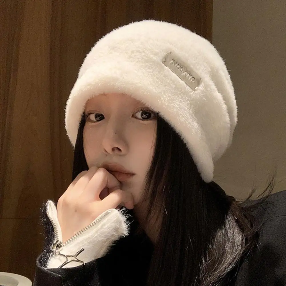 NEW Winter Plush Beanies Pullover Hat Fashion Men Women Autumn Warm Metal Letter Folding Hat Laziness Casual Skullies Caps