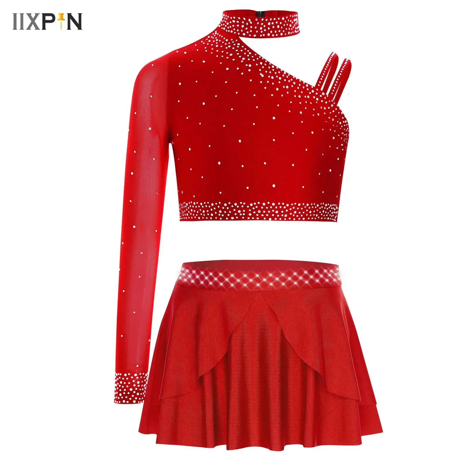 

Kids Girls Gymnastics Skating Dance Outfit Sheer Mesh Glittery Rhinestones Crop Top+Skirt for Jazz Latin Dance Performance 2Pcs