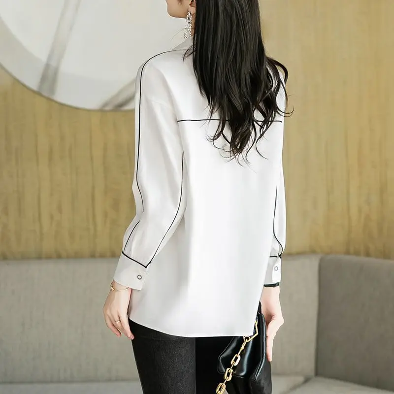 Spring Autumn Women's 2024 Splicing Polo Collar Button Pocket Fashion Solid Color Minimalist Casual Long Sleeve Blouses Shirts