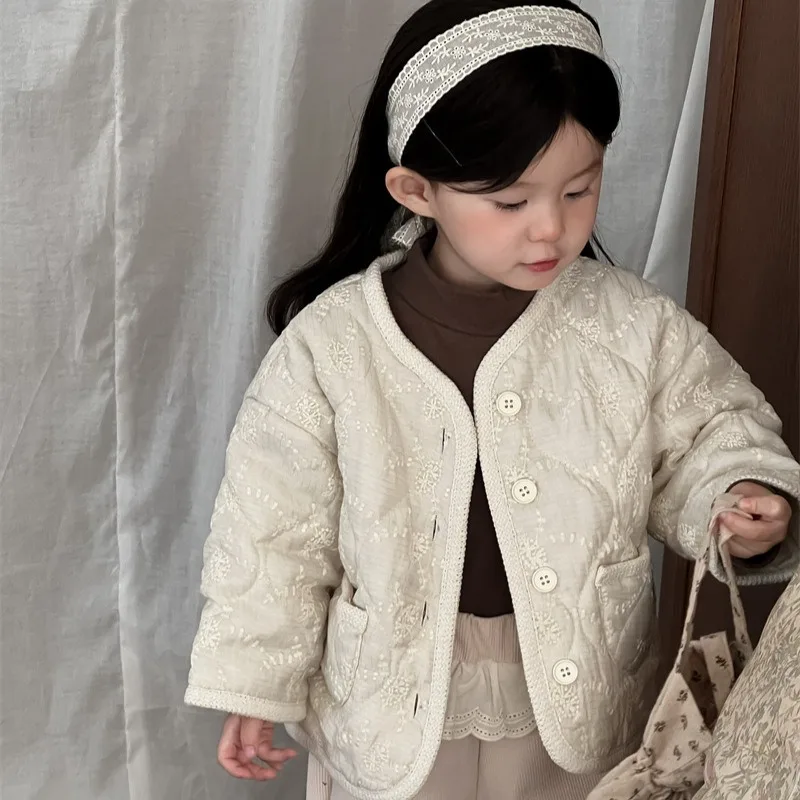 

Пальто для девочек, осень-зима 2021, корейский стиль, модная, элегантная, с цветочной вышивкой, абрикосовая, универсальная верхняя одежда с длинными рукавами