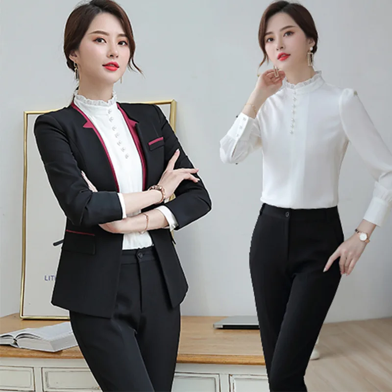 

IZICFLY Spring Autumn Slim Ladies Suit with Pant Uniform Designs Two Piece Set Women Elegant Business Blazer and Trouser Black