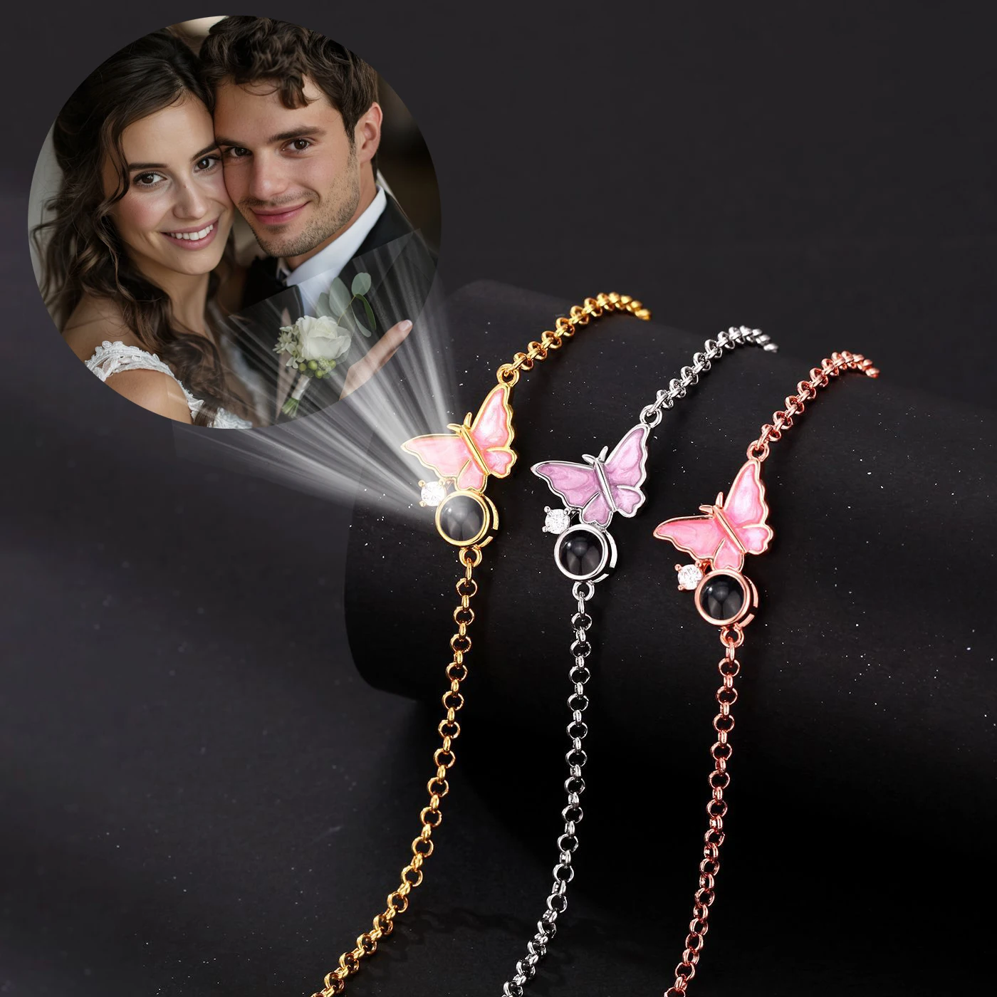 

Custom Colorful Picture Projection Pink Butterfly Bracelet For Mom Girlfriend Lover Valentine Christmas Birthday Romantic Gifts