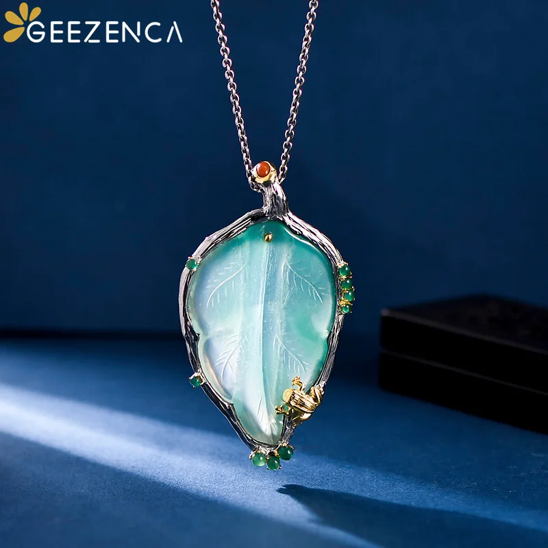 GEEZENCA Natural Green Chalcedony Leaf 925 Silver Big Pendant For Women Vintage Luxury Gemstone Pendnats For Sweater Necklace