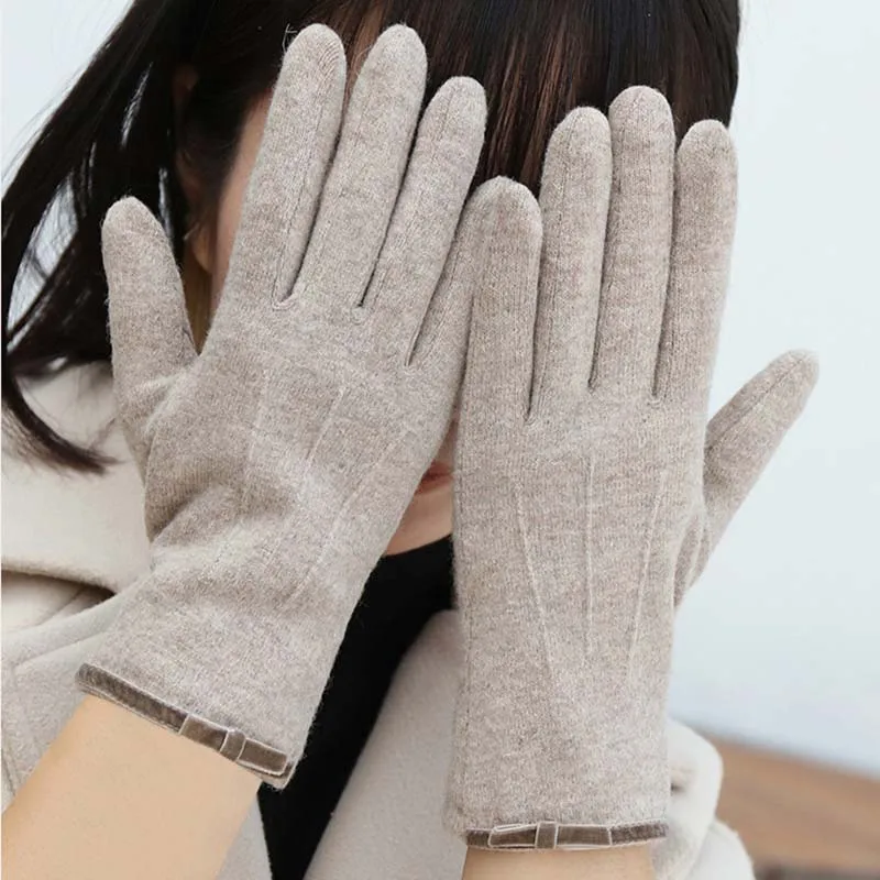 Korean Women's Touch Screen Warm Cashmere Gloves Autumn Winter Outdoor Riding Driving Bow Wool Double Layer Thicken Windproof