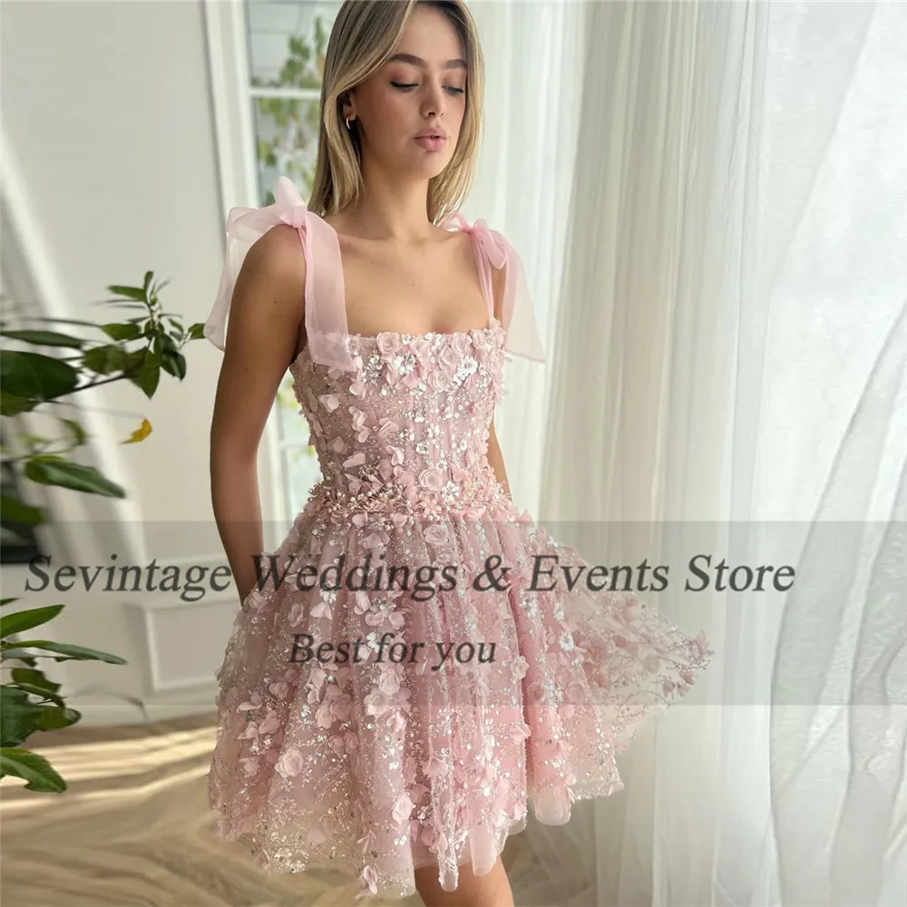 Customized Fairy Pink Prom Dresses 3D Flowers Spaghetti Strap Pleat Ruched Above Knee Homecoming Dresses vestidos de graduación