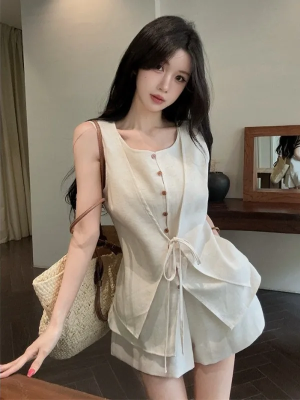 

Slimming Design Summer New Style Women's Fashion Set High Waist Short Pants Sleeveless Top Bottoms Two-Piece Suit Commute