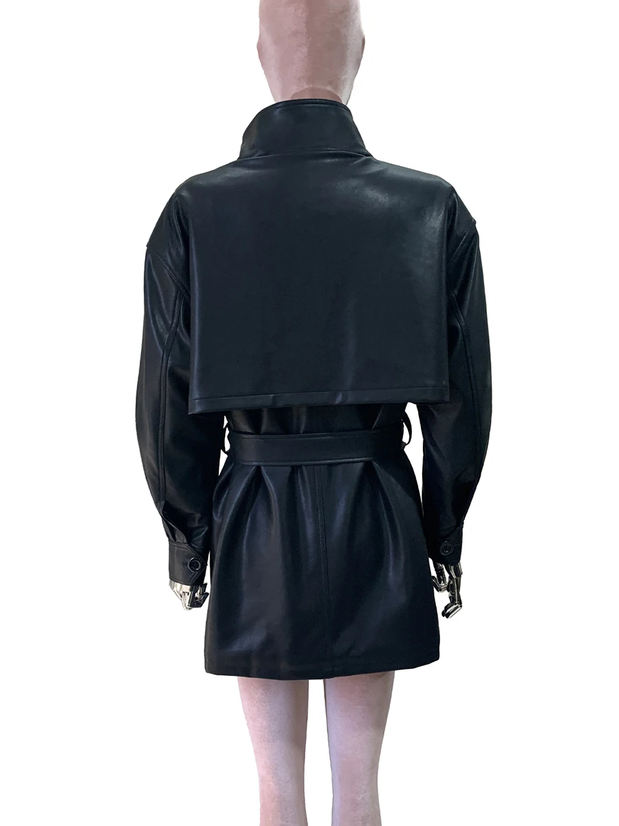 Trench da donna in morbida pelle PU nera antivento primavera autunno per donna con colletto alla coreana allentato casual di lusso moda passerella 2025